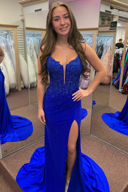 Long Red Corset Prom Dress with Beaded Applique and Spaghetti Straps Featuring a Slit