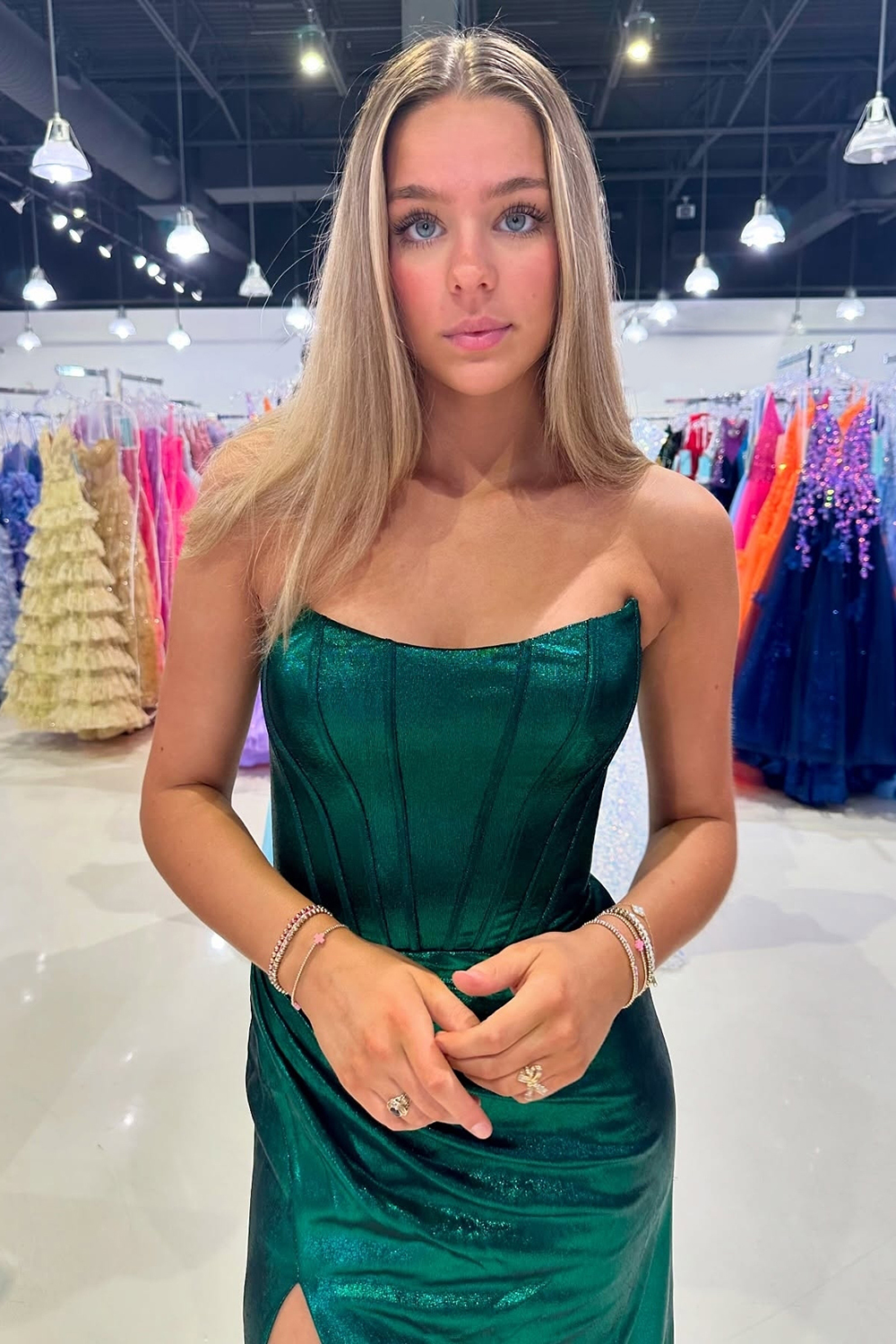 Long Dark Green Mermaid Corset Prom Dress with Ruched Strapless Design and Slit