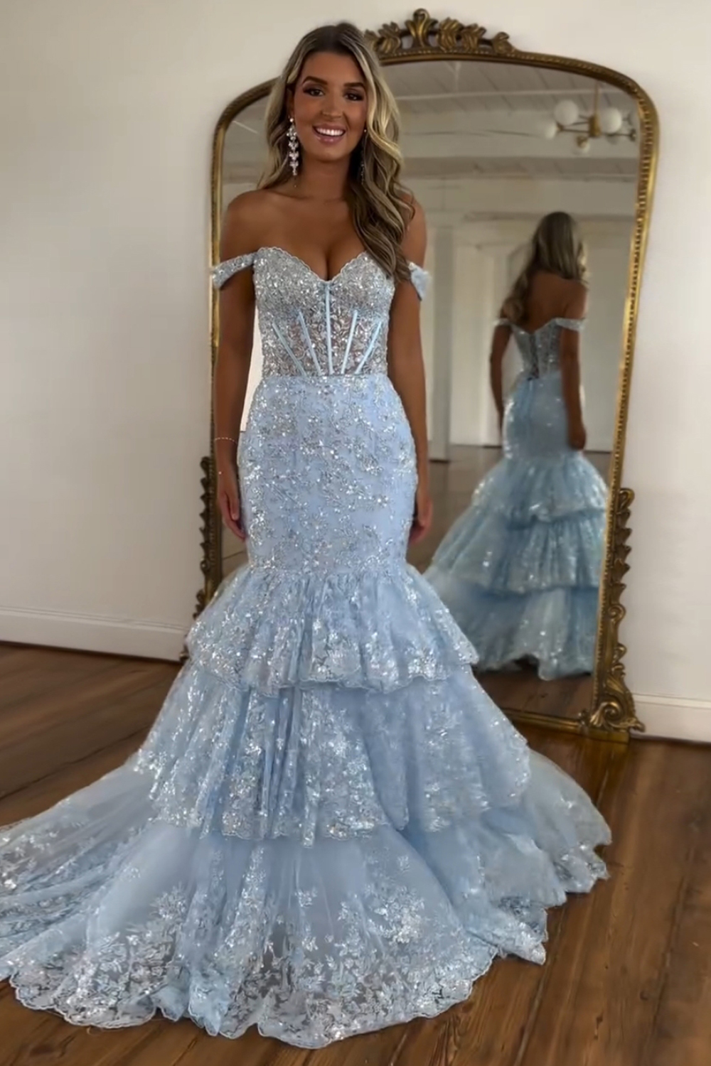 Off-the-Shoulder Mermaid Prom Dress in Light Blue with Tiered Tulle and Sequins