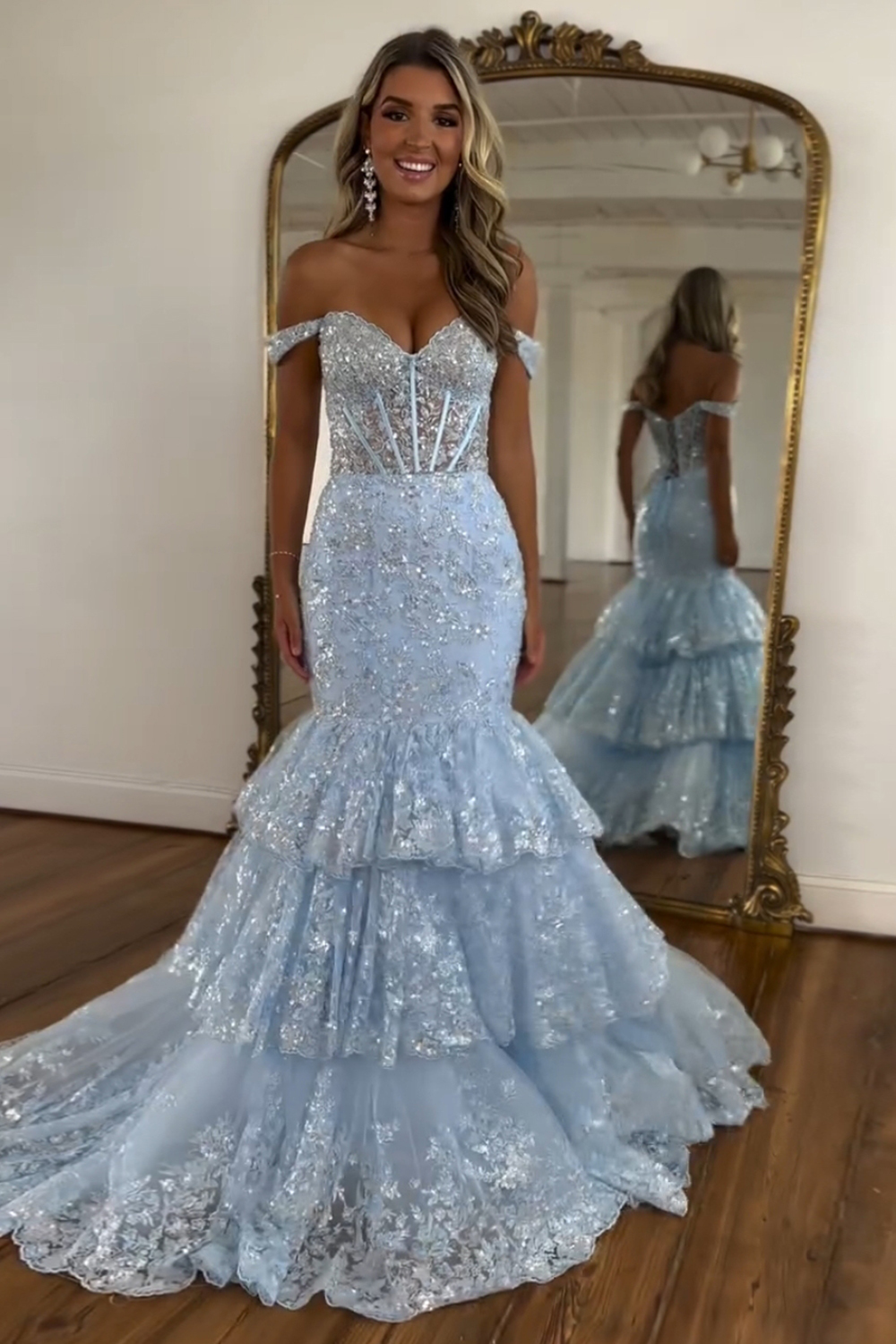 Off-the-Shoulder Mermaid Prom Dress in Light Blue with Tiered Tulle and Sequins