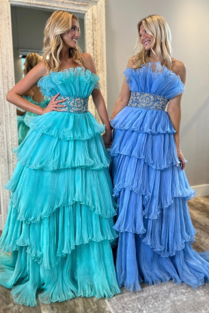 Stylish Strapless Blue A-Line Prom Dress with Beading
