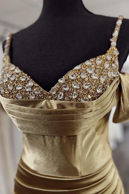 Long Beaded Prom Dress in Gold Mermaid Satin with Spaghetti Straps