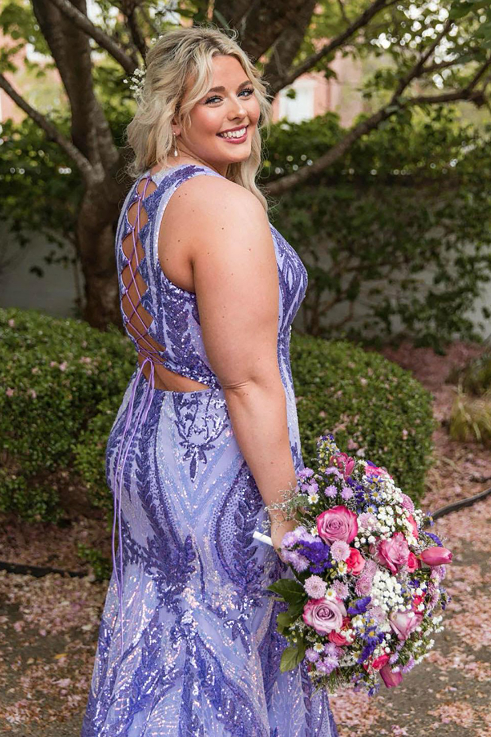 Long V-Neck Prom Dress with Sparkly Purple Mermaid Sequins