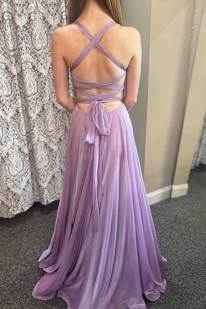 Long A-Line Prom Dress with Purple Tulle and Lace-Up Spaghetti Straps