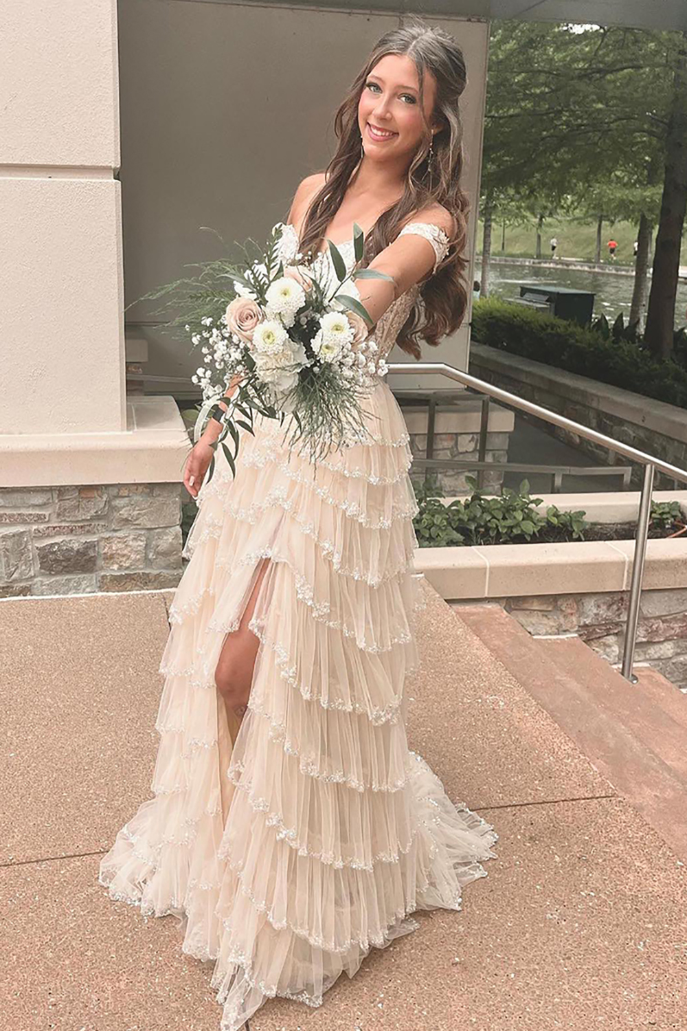 Beige Princess Sparkle Corset Prom Dress with Off-Shoulder Tulle Tiers and Applique