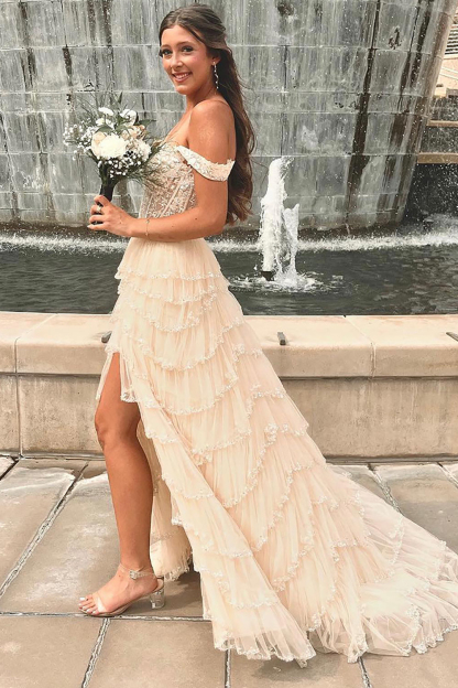 Beige Princess Sparkle Corset Prom Dress with Off-Shoulder Tulle Tiers and Applique