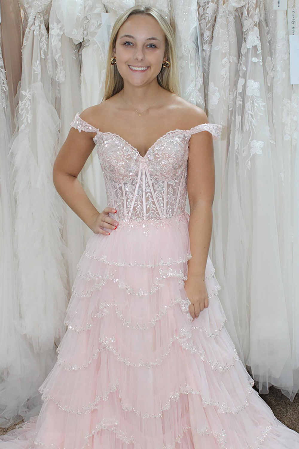 Beige Princess Sparkle Corset Prom Dress with Off-Shoulder Tulle Tiers and Applique
