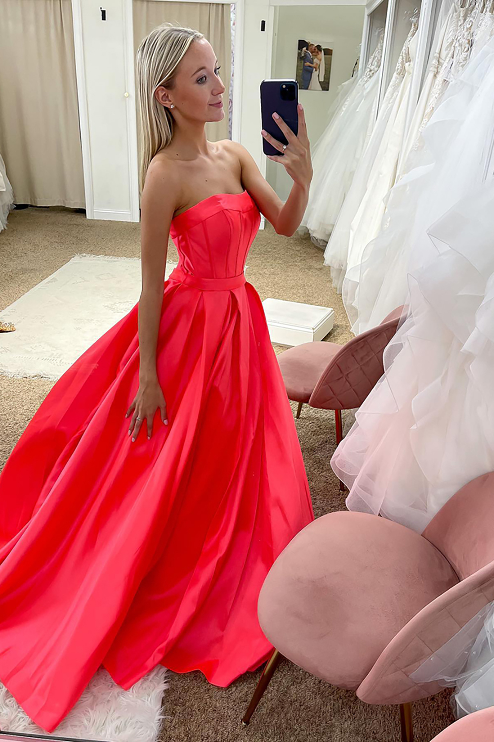 Elegant Coral Strapless Long A-Line Corset Prom Gown