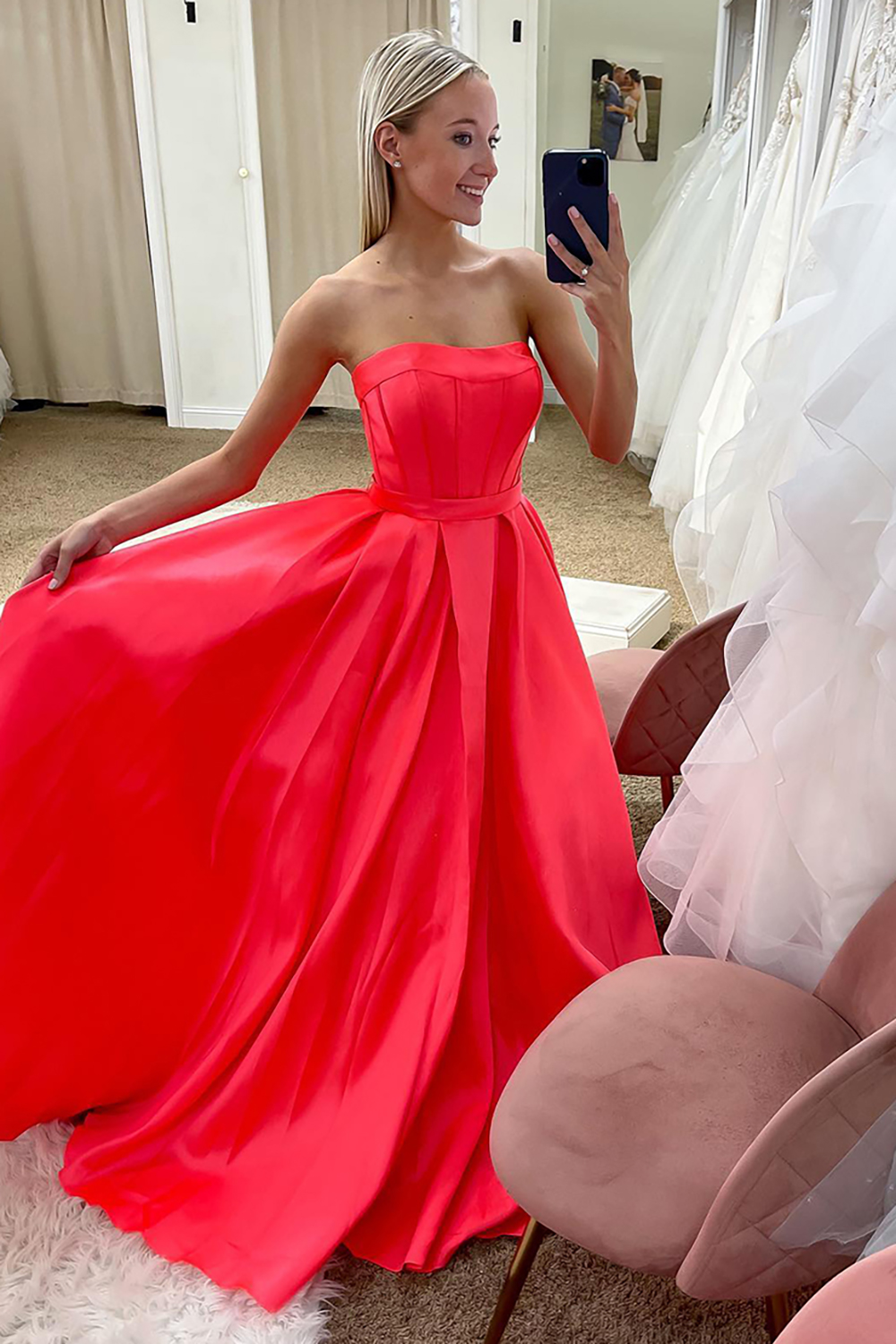 Elegant Coral Strapless Long A-Line Corset Prom Gown