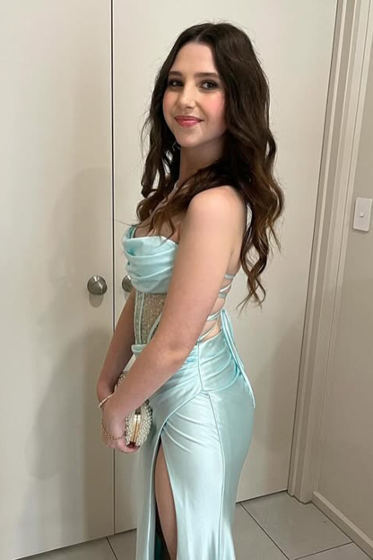 Long Satin Mermaid Prom Corset in Green with Strapless Beaded Design