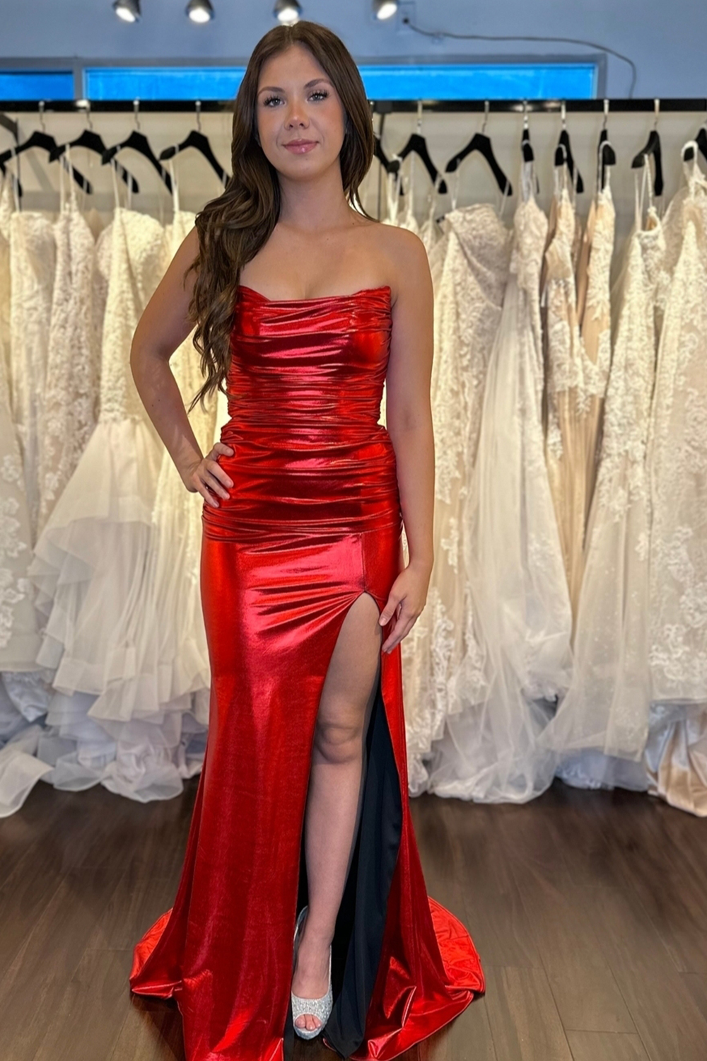 Long Red Metallic Mermaid Prom Dress with Ruched Strapless Design and Slit
