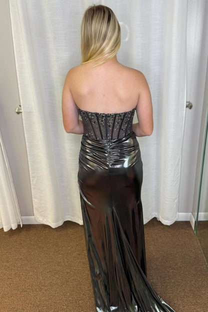 Metallic Black Strapless Long Mermaid Prom Dress with Glitter and Beading