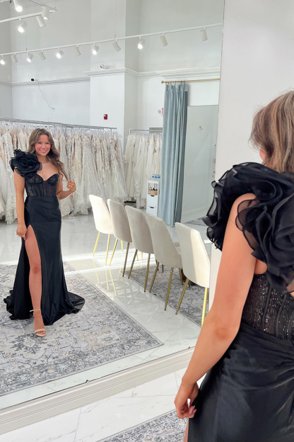 Long One-Shoulder Beaded Corset Prom Dress in Blush with Mermaid Slit