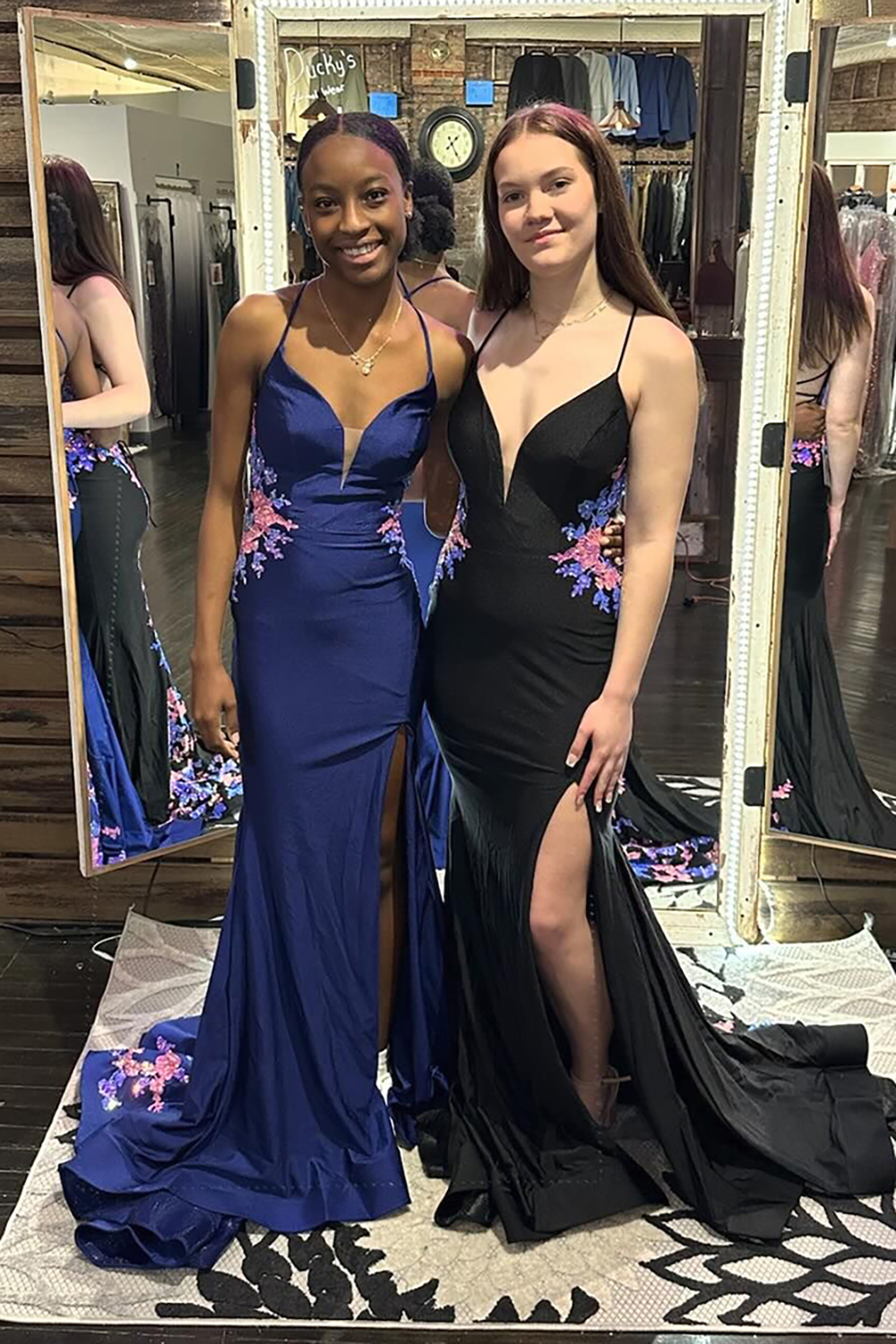 Long Navy Satin Mermaid Prom Dress with Spaghetti Straps and Appliques