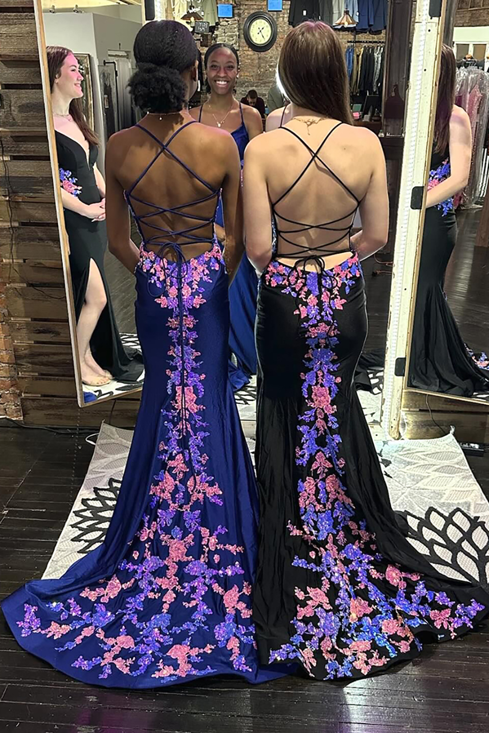Long Navy Satin Mermaid Prom Dress with Spaghetti Straps and Appliques