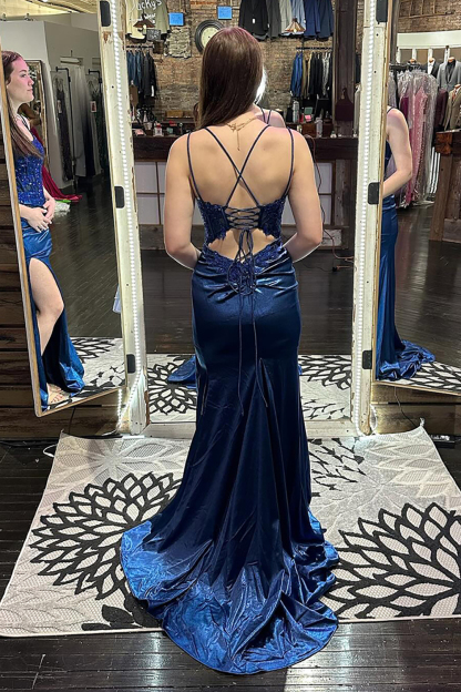 Long Navy Satin Mermaid Prom Dress with Spaghetti Straps and Appliques