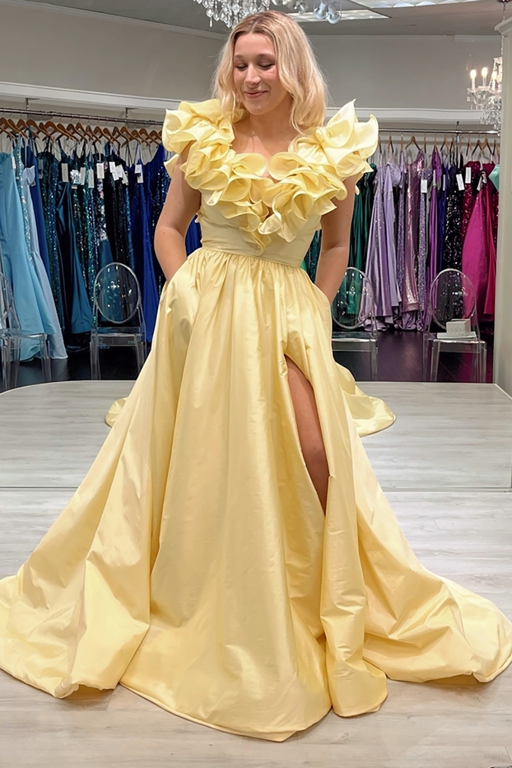 Long Satin Prom Dress in Yellow with V Neck and A-Line Ruffles