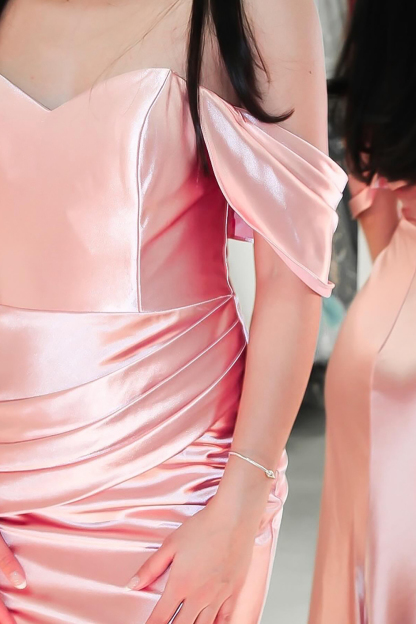 Satin Mermaid Prom Dress with Ruched Details and Off-the-Shoulder Blush Design