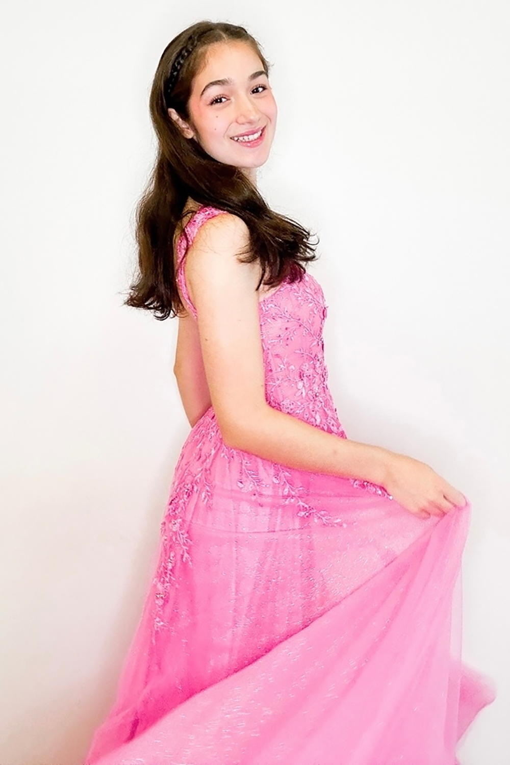 Long A-Line Prom Dress with Hot Pink Spaghetti Straps and Tulle Applique