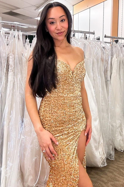 Long Gold Sparkly Mermaid Prom Dress with Sweetheart Neckline and High Slit