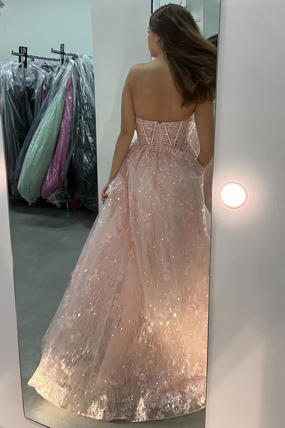 Long Sweetheart Princess Corset Prom Dress in Light Pink Tulle with Appliques