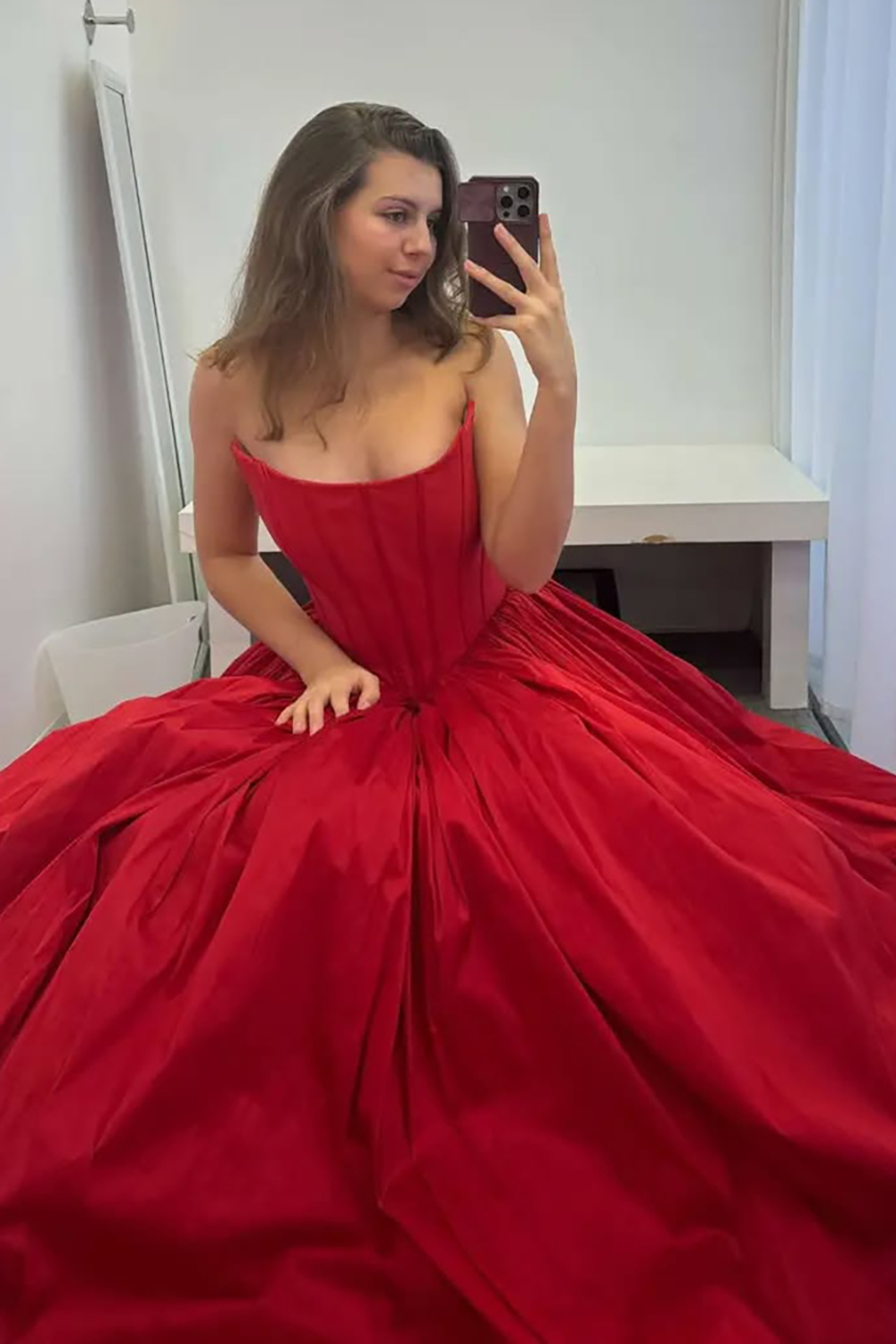 Long Red Satin Corset Prom Dress with Strapless Princess Ruched Design