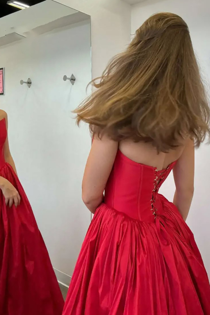 Long Red Satin Corset Prom Dress with Strapless Princess Ruched Design