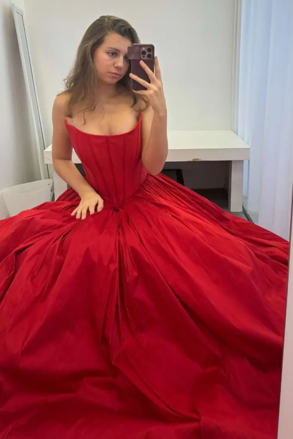 Long Red Satin Corset Prom Dress with Strapless Princess Ruched Design