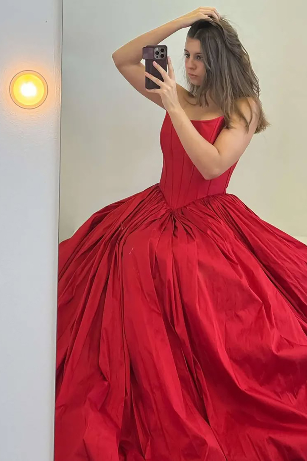 Long Red Satin Corset Prom Dress with Strapless Princess Ruched Design