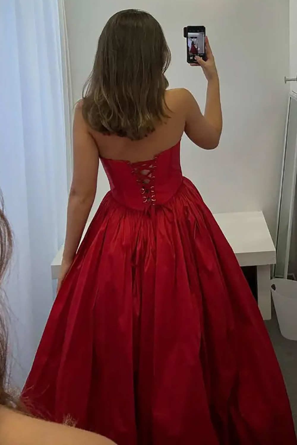Long Red Satin Corset Prom Dress with Strapless Princess Ruched Design