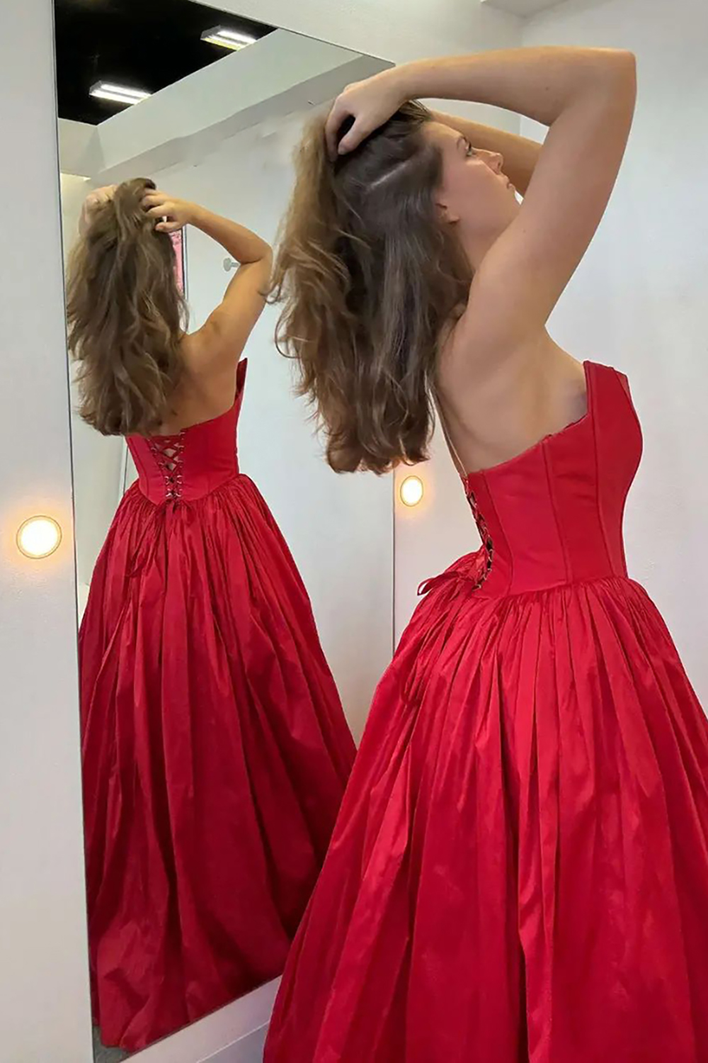 Long Red Satin Corset Prom Dress with Strapless Princess Ruched Design