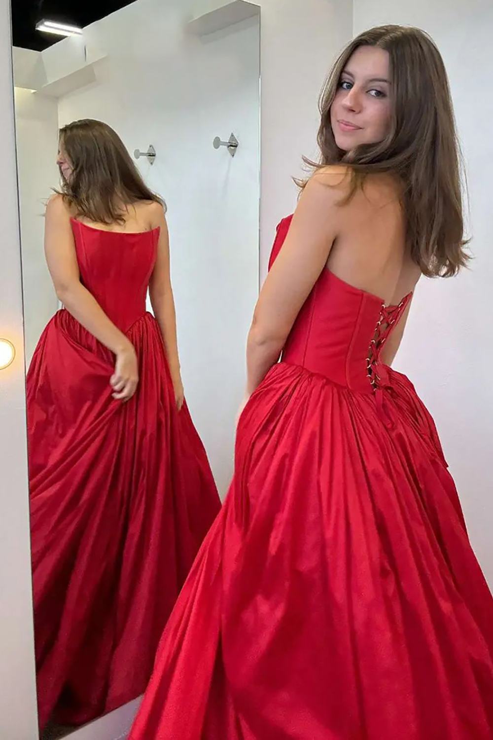 Long Red Satin Corset Prom Dress with Strapless Princess Ruched Design