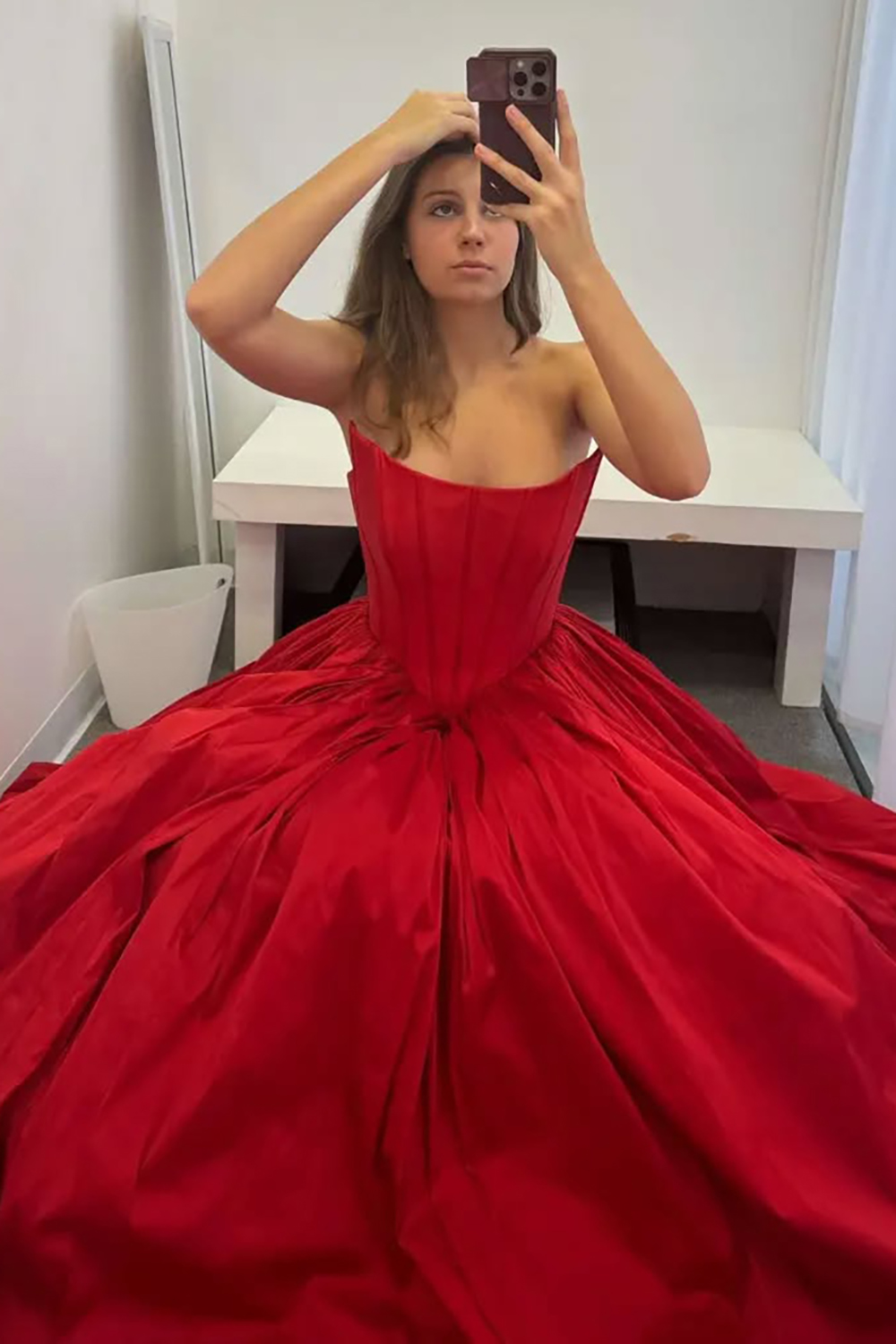 Long Red Satin Corset Prom Dress with Strapless Princess Ruched Design