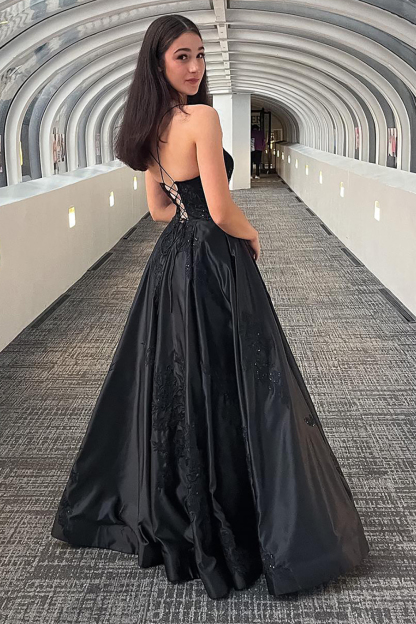 Black Satin Prom Dress with Sparkly Appliques and Spaghetti Straps