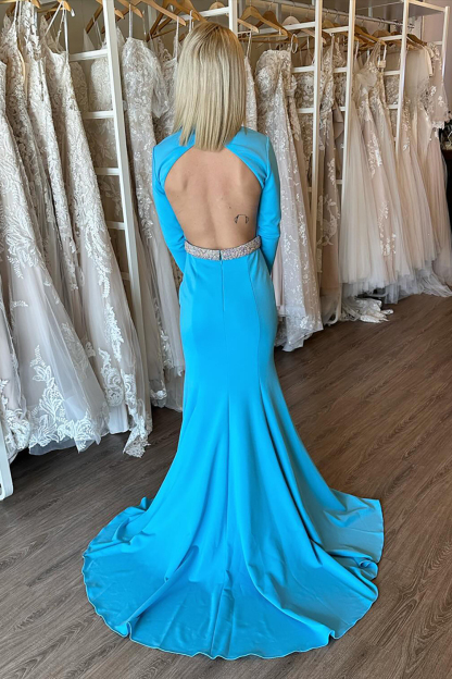 Long Sleeve Mermaid Prom Dress with Round Neck and Backless Design in Blue