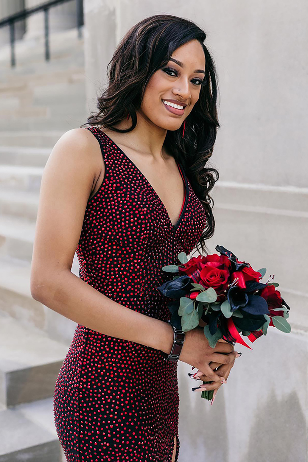 Elegant Black Burgundy V-Neck Beaded Mermaid Gown with Side Slit