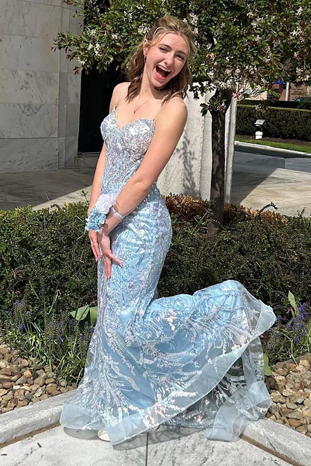 Long Sequin Mermaid Prom Dress with Lilac Spaghetti Straps and Tulle Appliques