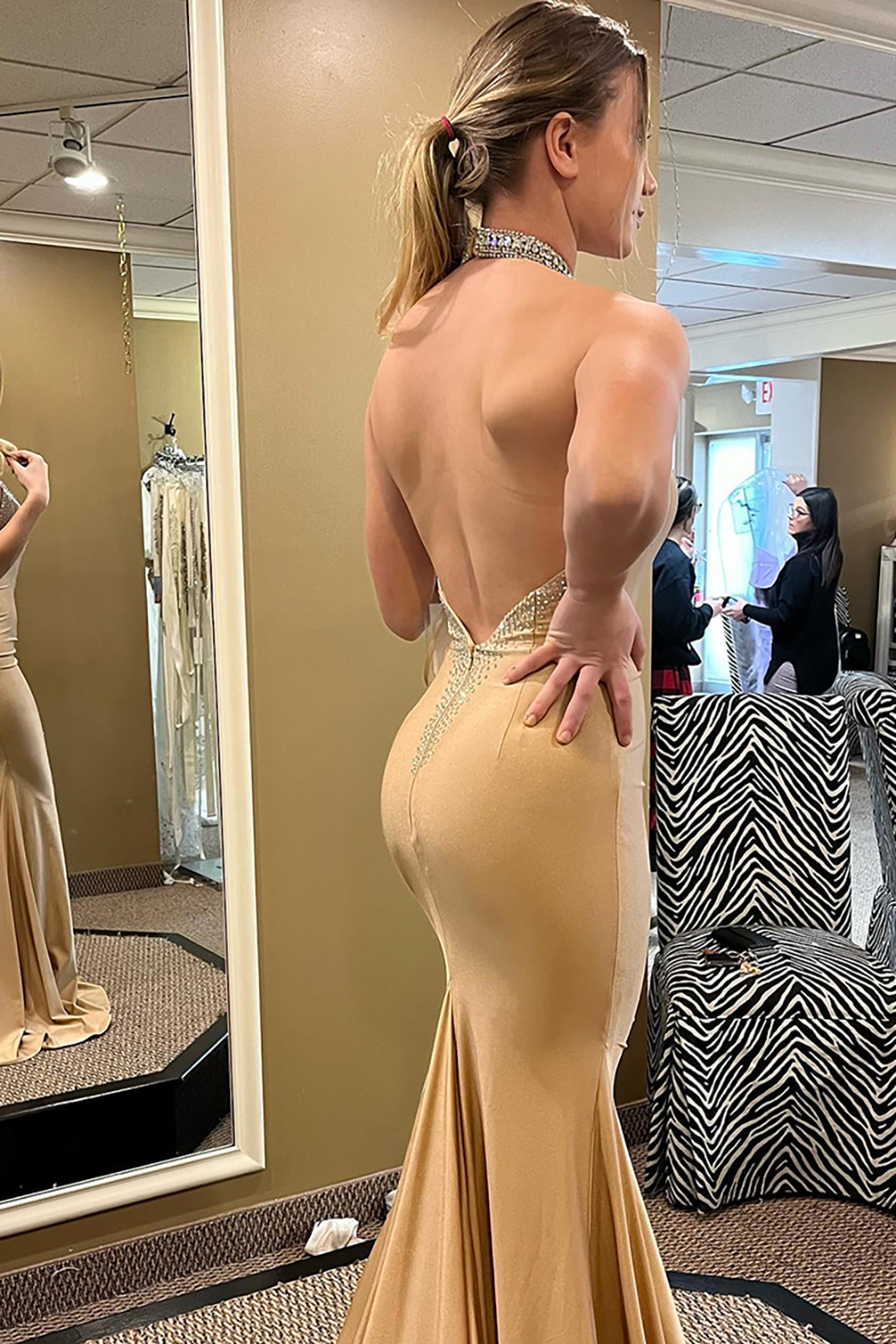 Gold Glitter Mermaid Prom Dress with Beaded Halter Neck