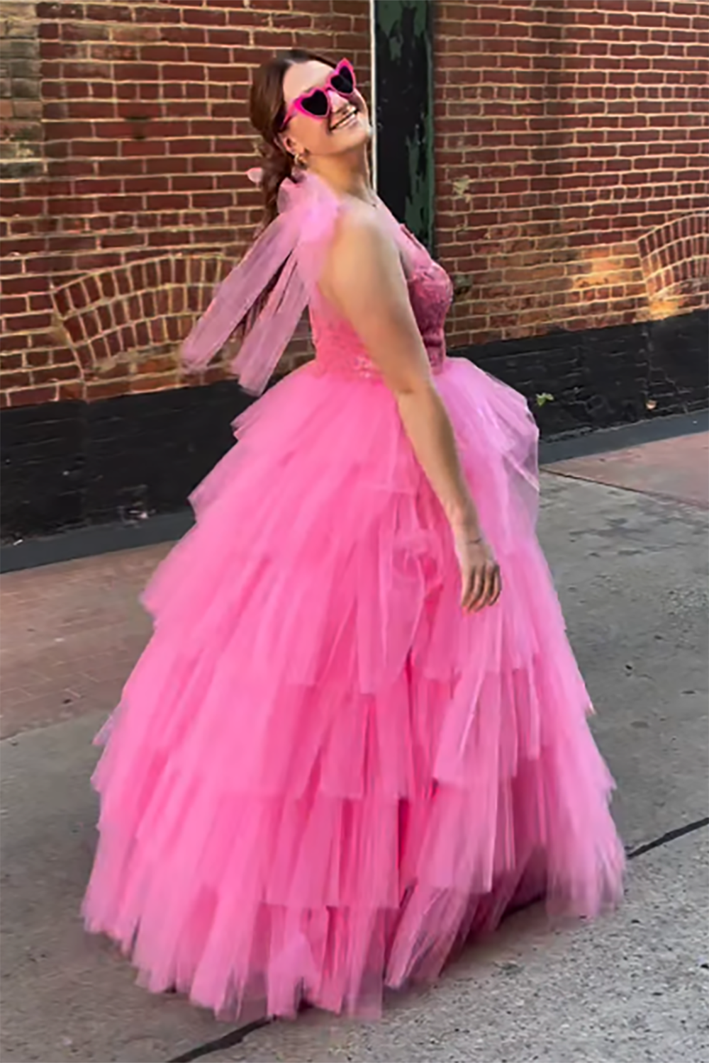 Long Corset Prom Dress in Pink Princess with Tulle Tiered Spaghetti Straps and Appliques