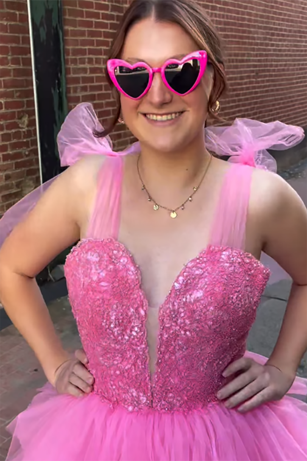 Long Corset Prom Dress in Pink Princess with Tulle Tiered Spaghetti Straps and Appliques