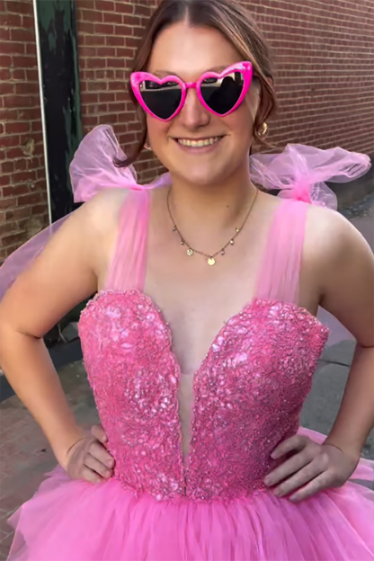 Long Corset Prom Dress in Pink Princess with Tulle Tiered Spaghetti Straps and Appliques