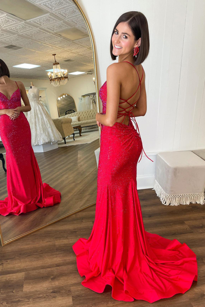 Long Red Prom Dress with Mermaid Silhouette Spaghetti Straps and Beaded Backless Design