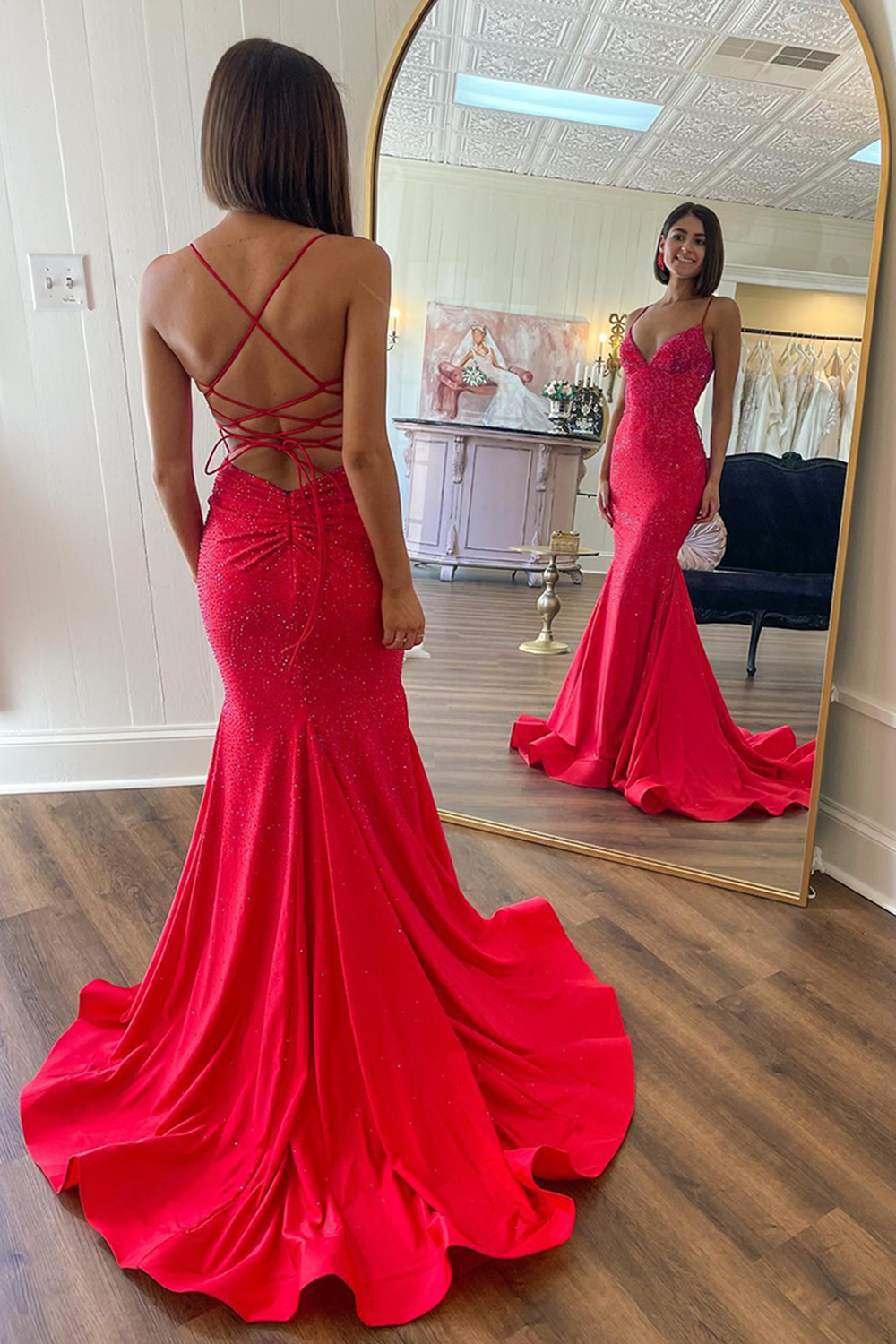 Long Red Prom Dress with Mermaid Silhouette Spaghetti Straps and Beaded Backless Design