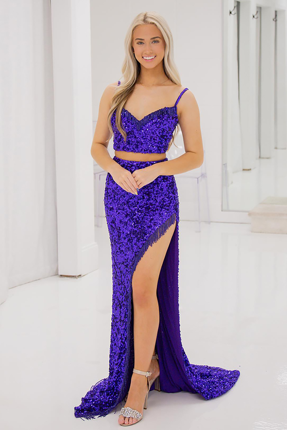 Long Prom Dress with Sparkly Purple Sequins and Fringe in Two-Piece Spaghetti Straps Style