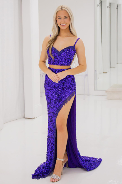 Long Prom Dress with Sparkly Purple Sequins and Fringe in Two-Piece Spaghetti Straps Style