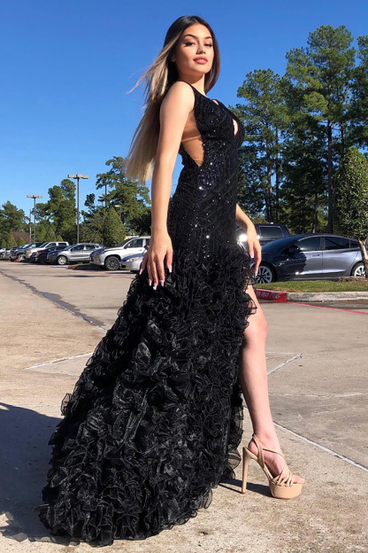 Black Sparkle V-Neck Sequin Long Prom Dress with A-Line Tulle Tiered Skirt and Slit