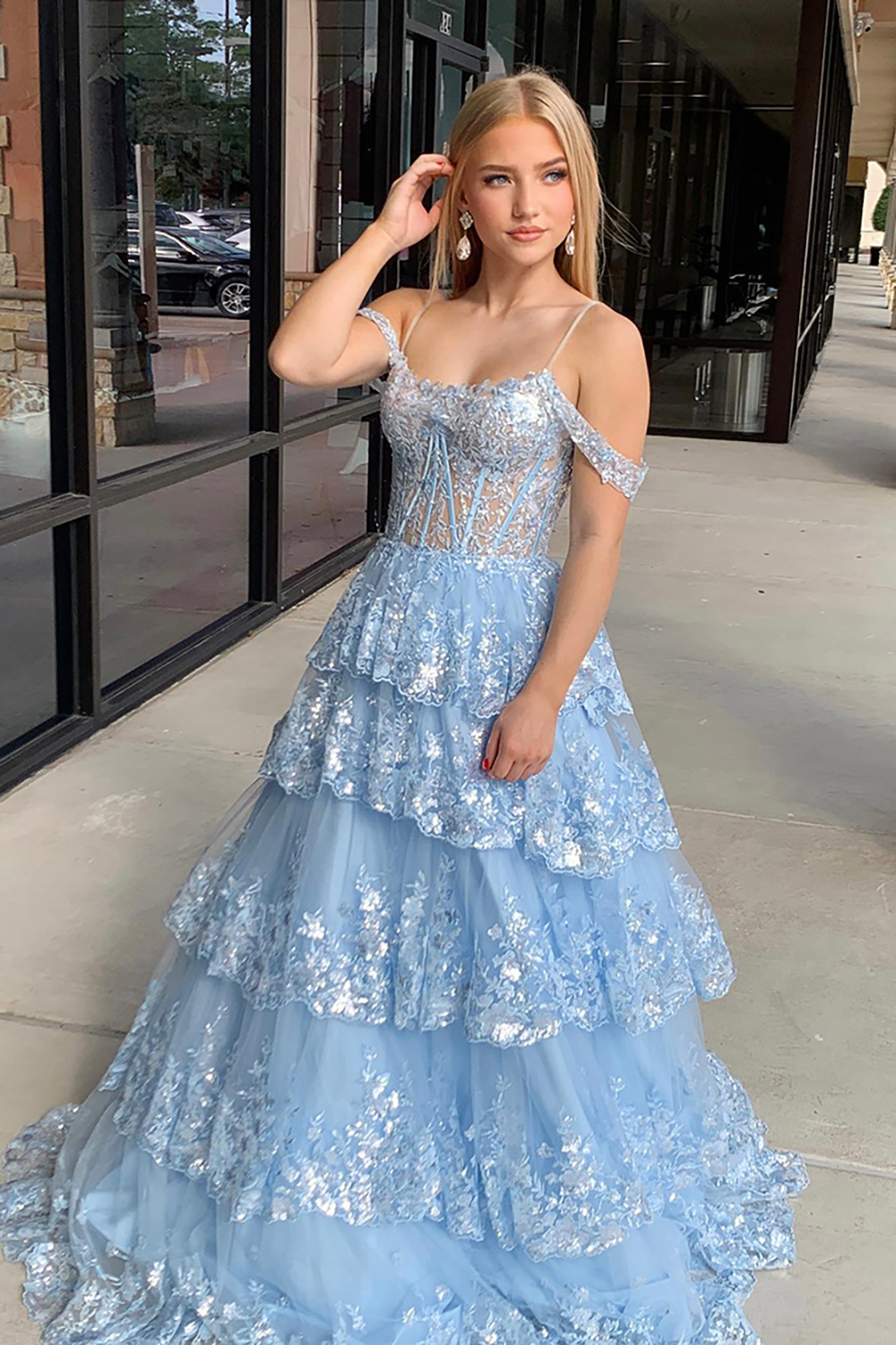 Long Corset Prom Dress in Light Blue with Sparkly Sequin Appliques and Tiered Tulle