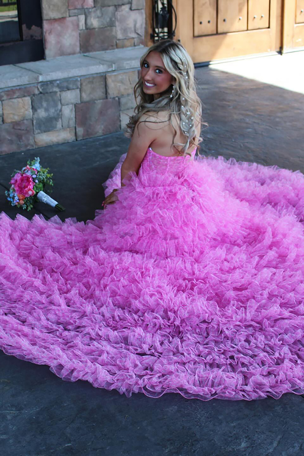 Sweetheart Princess Long Prom Dress in Pink Floral Tulle with Tiered Cut-out and Slit