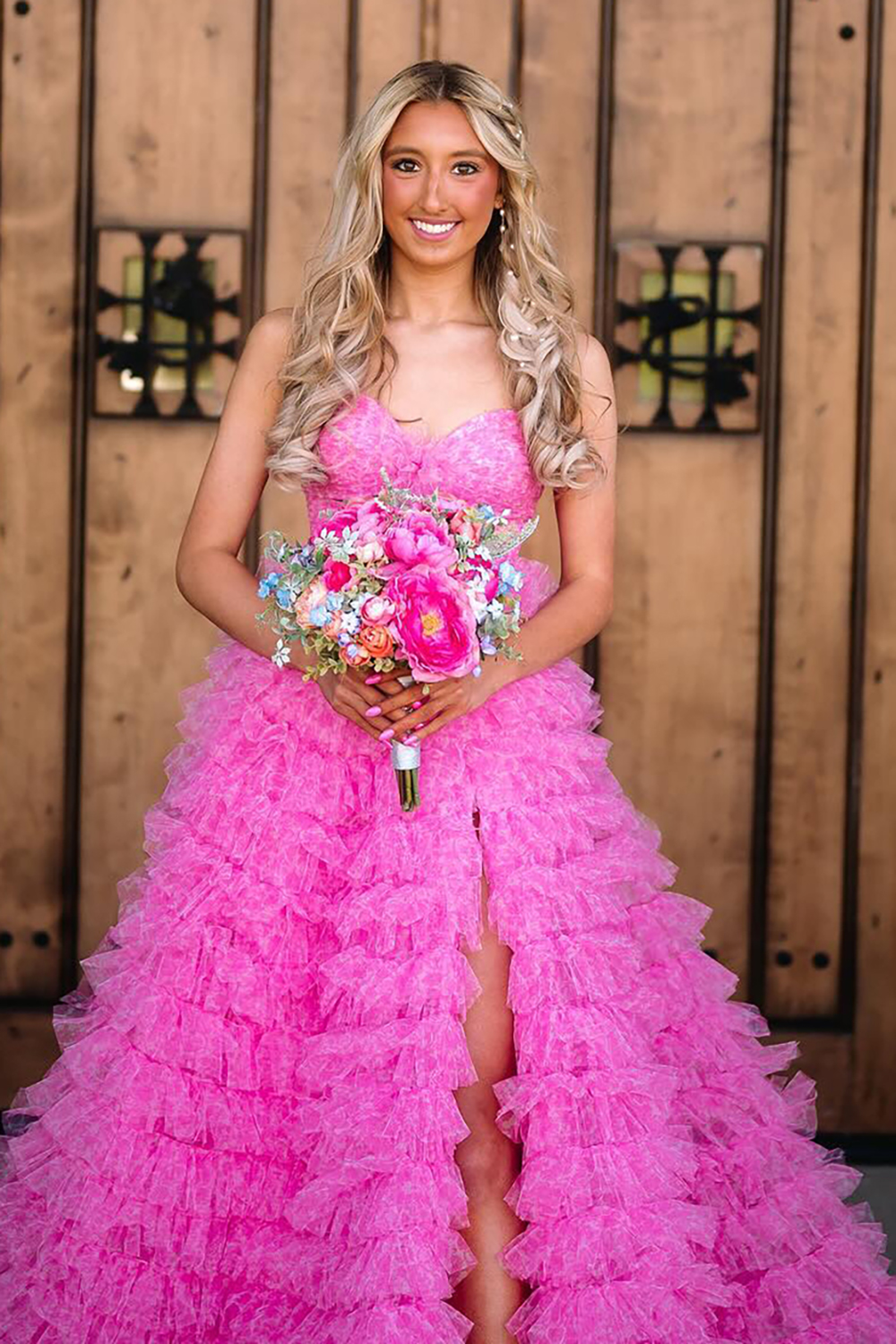 Sweetheart Princess Long Prom Dress in Pink Floral Tulle with Tiered Cut-out and Slit