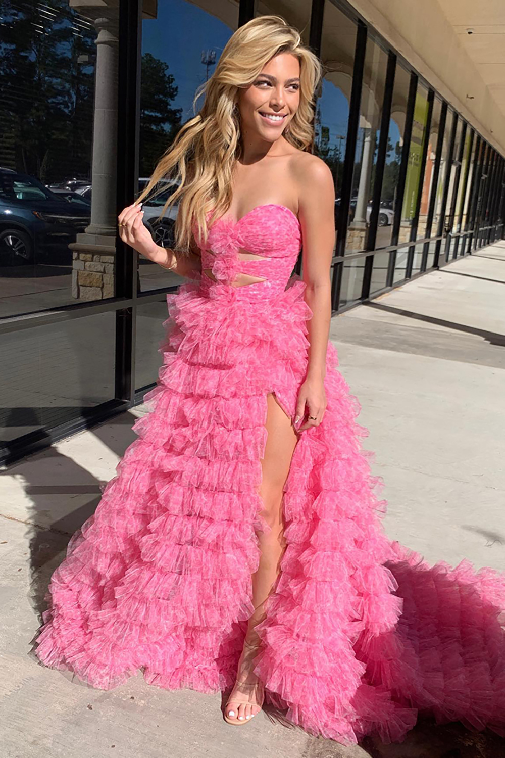 Sweetheart Princess Long Prom Dress in Pink Floral Tulle with Tiered Cut-out and Slit
